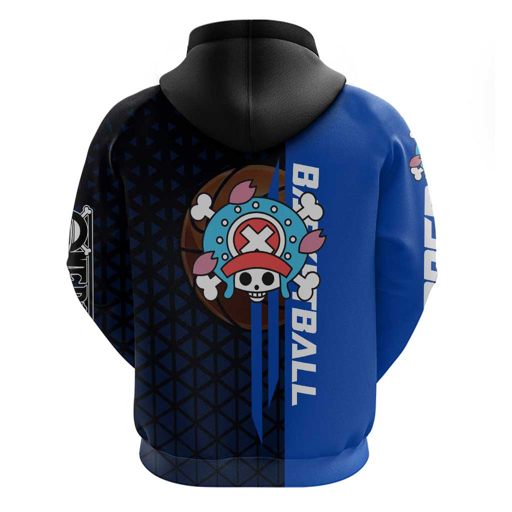 Tony Tony Chopper One Piece Basketball Theme Blue and Black Design Hoodie with Straw Hat Crew Emblem Tony Tony Chopper One Piece Basketball Theme Blue and Black Design Hoodie with Straw Hat Crew Emblem