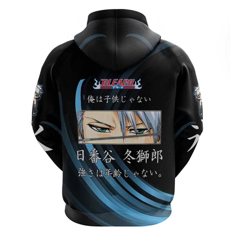 Toshiro Hitsugaya Bleach Anime Black and Blue Theme Hoodie with Ice Dragon Elements and Japanese Quo Toshiro Hitsugaya Bleach Anime Black and Blue Theme Hoodie with Ice Dragon Elements and Japanese Quo