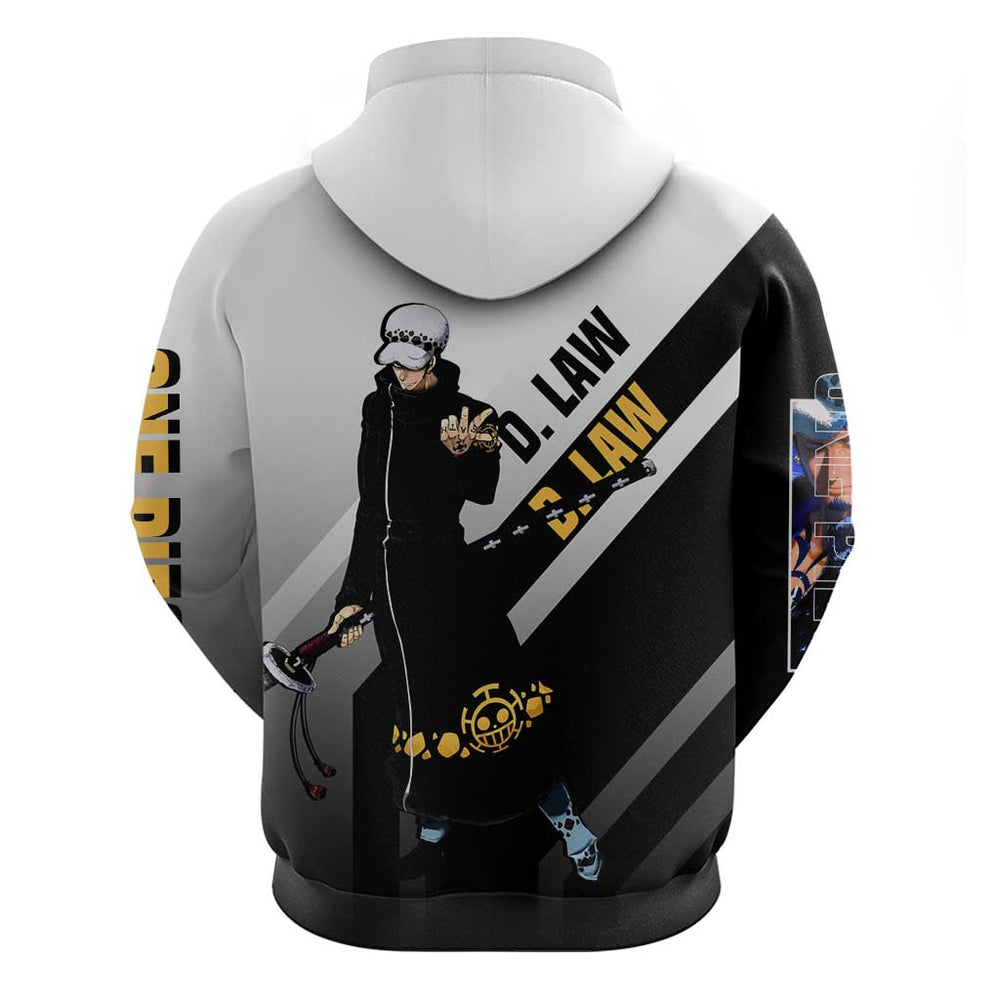 Trafalgar D. Law One Piece Hoodie with Sword and Strategic Battle Pose Design Trafalgar D. Law One Piece Hoodie with Sword and Strategic Battle Pose Design