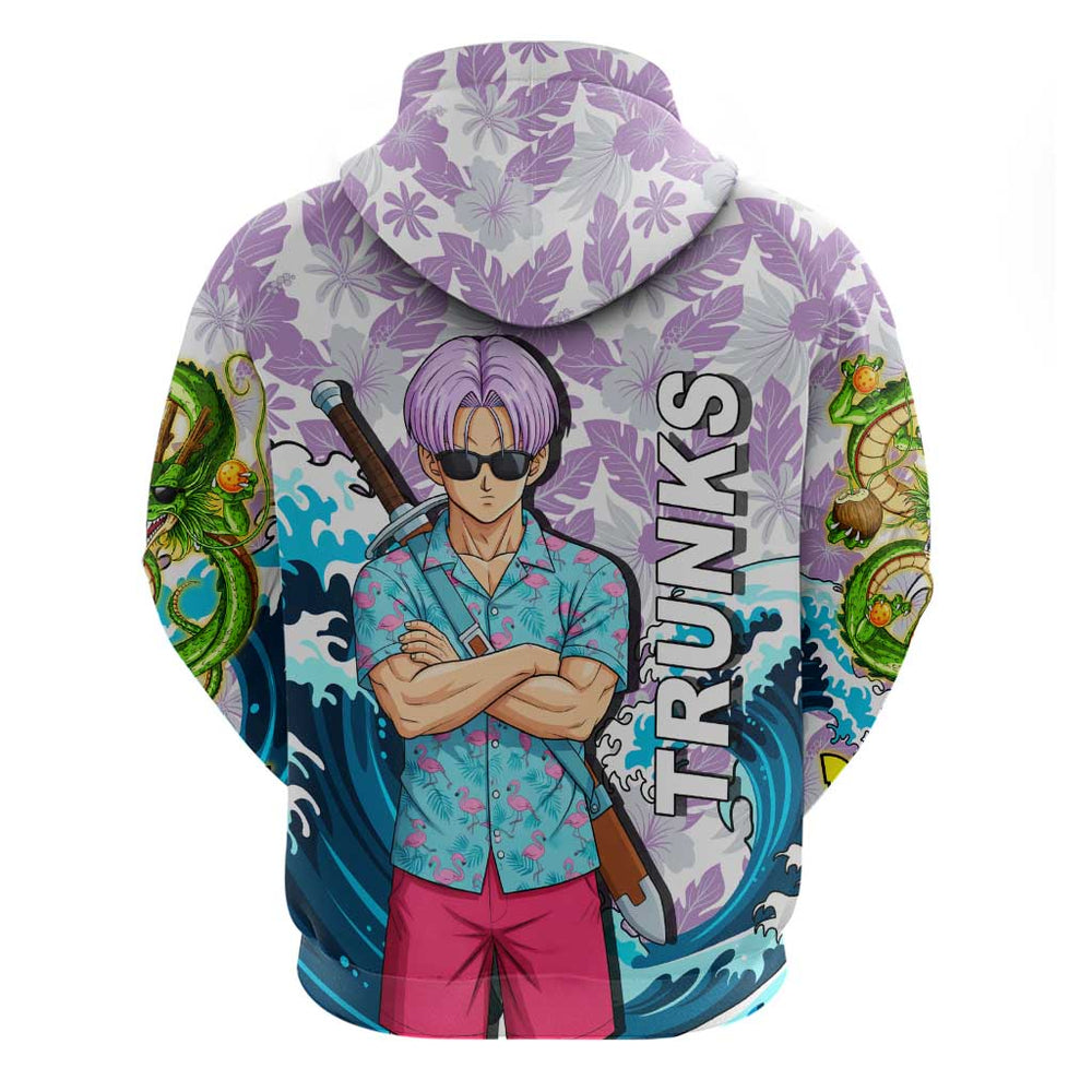 Trunks Dragon Ball Summer Theme Hoodie with Sword Floral Shirt Sunglasses Shenron and Ocean Wave Bac Trunks Dragon Ball Summer Theme Hoodie with Sword Floral Shirt Sunglasses Shenron and Ocean Wave Bac