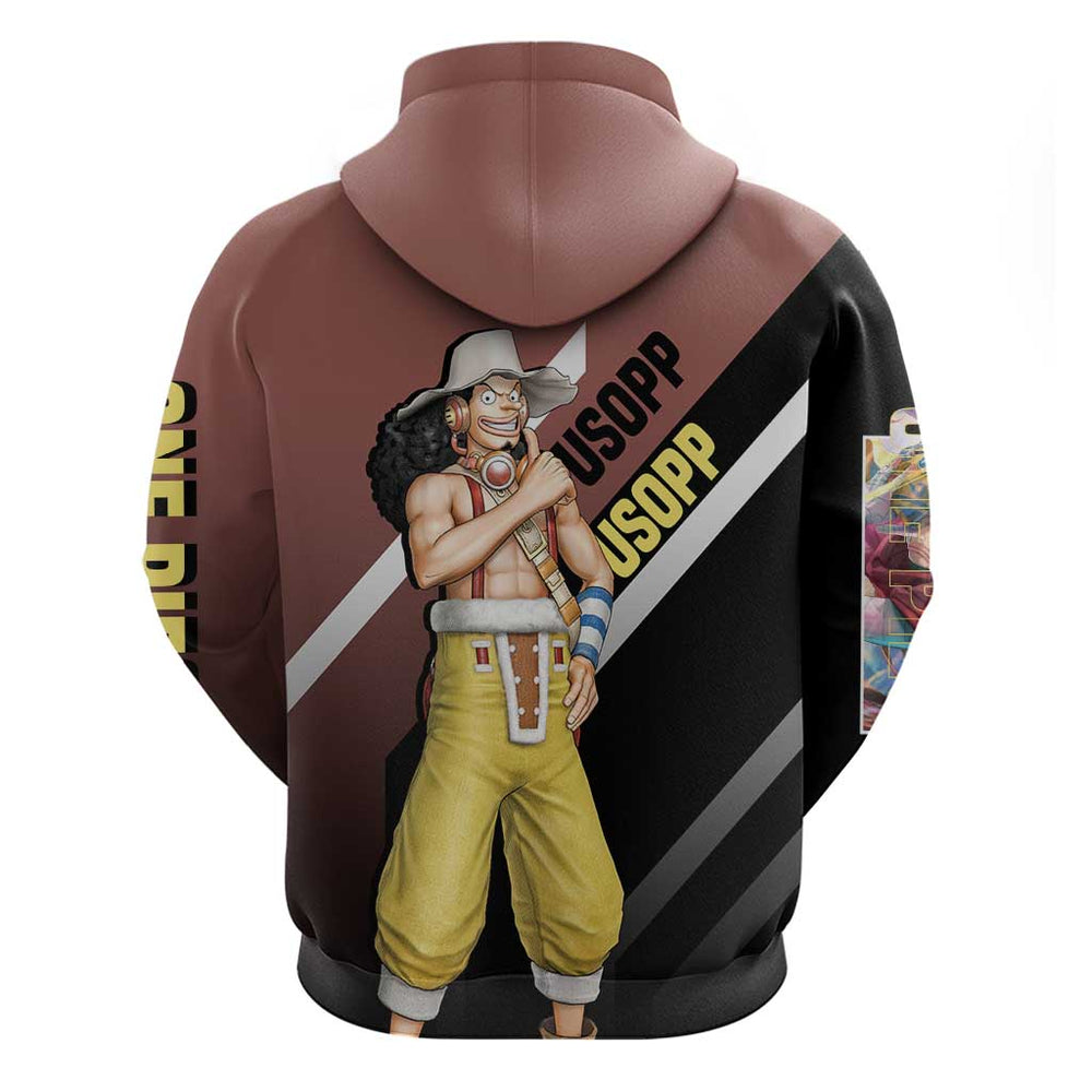 Usopp One Piece Hoodie with Slingshot and Courageous Adventure Pose Design Usopp One Piece Hoodie with Slingshot and Courageous Adventure Pose Design