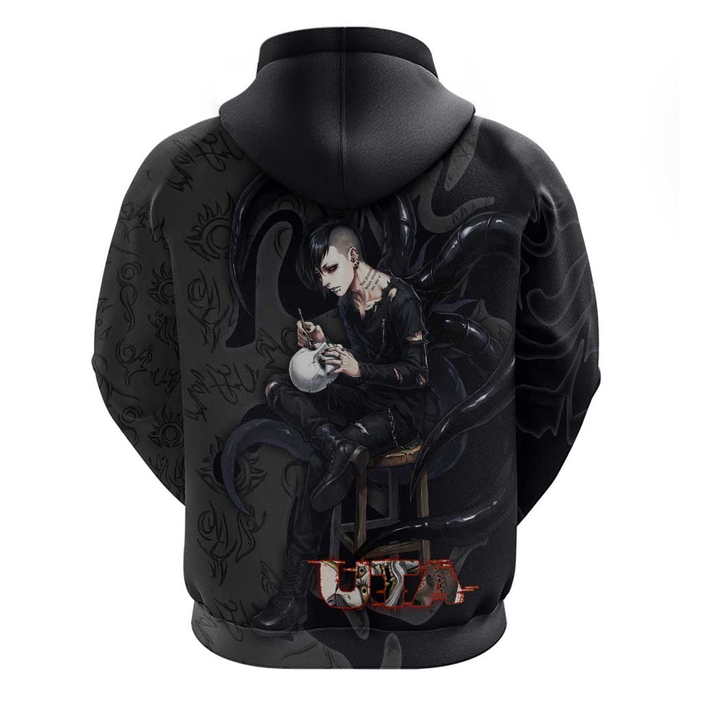 Uta Tokyo Ghoul Hoodie Dark Urban Tattoo Style with Oni Mask Elements Uta Tokyo Ghoul Hoodie Dark Urban Tattoo Style with Oni Mask Elements