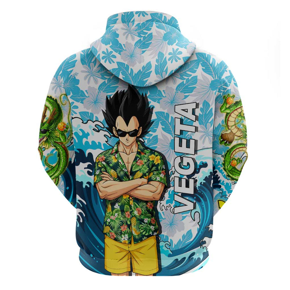 Vegeta Dragon Ball Summer Theme Hoodie with Hawaiian Shirt Sunglasses Shenron and Ocean Wave Backgro Vegeta Dragon Ball Summer Theme Hoodie with Hawaiian Shirt Sunglasses Shenron and Ocean Wave Backgro