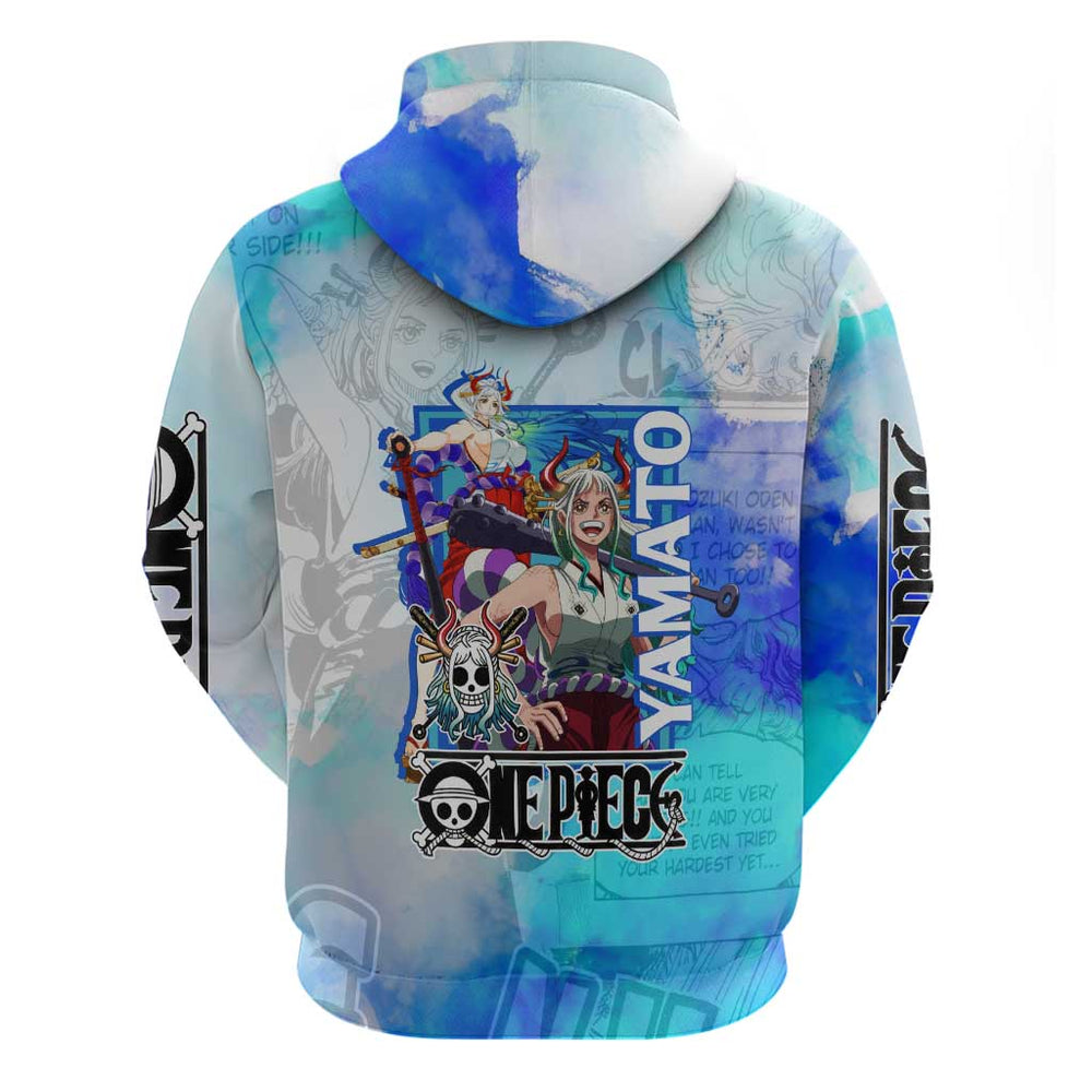 Yamato One Piece Blue Cloud Theme Hoodie with Manga Panels and Oni Horn Character Design Yamato One Piece Blue Cloud Theme Hoodie with Manga Panels and Oni Horn Character Design