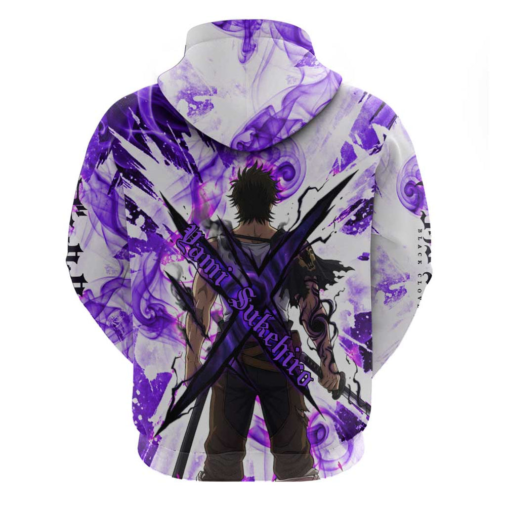 Yami Sukehiro Black Clover Hoodie Dark Magic Anime Style with Purple Smoke and Bull Emblem Yami Sukehiro Black Clover Hoodie Dark Magic Anime Style with Purple Smoke and Bull Emblem