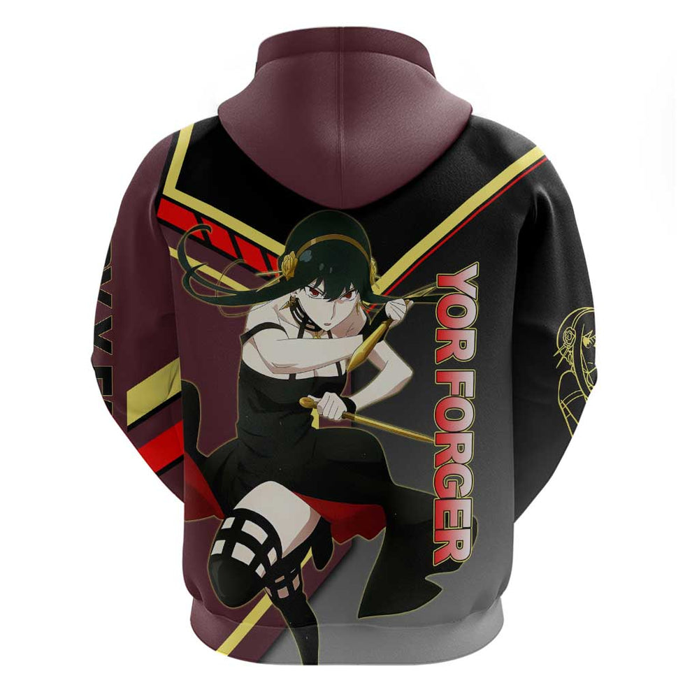 Yor Forger Spy x Family Red and Black Assassin Theme Hoodie with Elegant Weapon Pose and Bold Color Yor Forger Spy x Family Red and Black Assassin Theme Hoodie with Elegant Weapon Pose and Bold Color