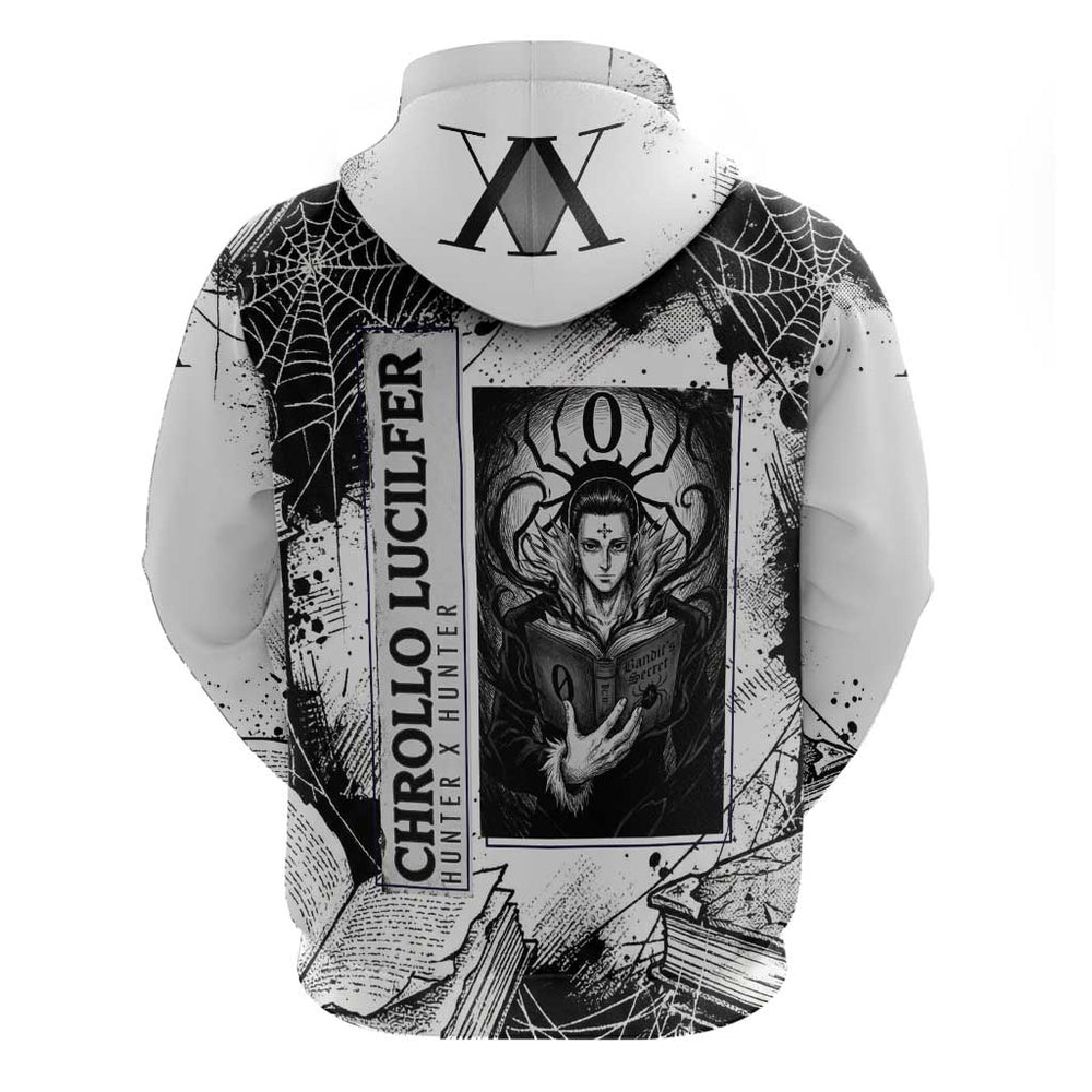 Chrollo Lucilfer Gothic Style Hoodie with Spider Webs Grimoire Illustration and Monochrome Design Chrollo Lucilfer Gothic Style Hoodie with Spider Webs Grimoire Illustration and Monochrome Design