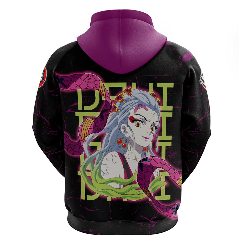 Daki Demon Slayer Theme Hoodie with Obi Sash Design and Neon Pink Green Graphic Elements Daki Demon Slayer Theme Hoodie with Obi Sash Design and Neon Pink Green Graphic Elements