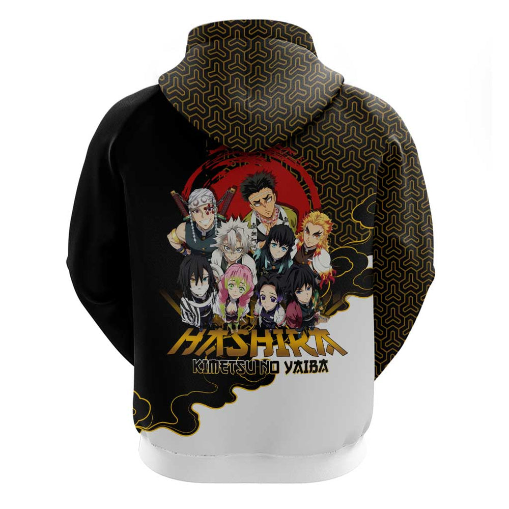Demon Slayer Hashira Group Design Hoodie with Gold Cloud Pattern and Stylized Kanji Motif Demon Slayer Hashira Group Design Hoodie with Gold Cloud Pattern and Stylized Kanji Motif