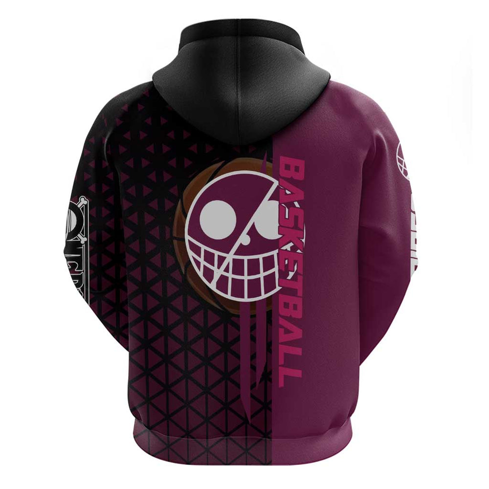 Donquixote Doflamingo One Piece Basketball Theme Maroon and Black Design Hoodie with Smiling Emblem Donquixote Doflamingo One Piece Basketball Theme Maroon and Black Design Hoodie with Smiling Emblem
