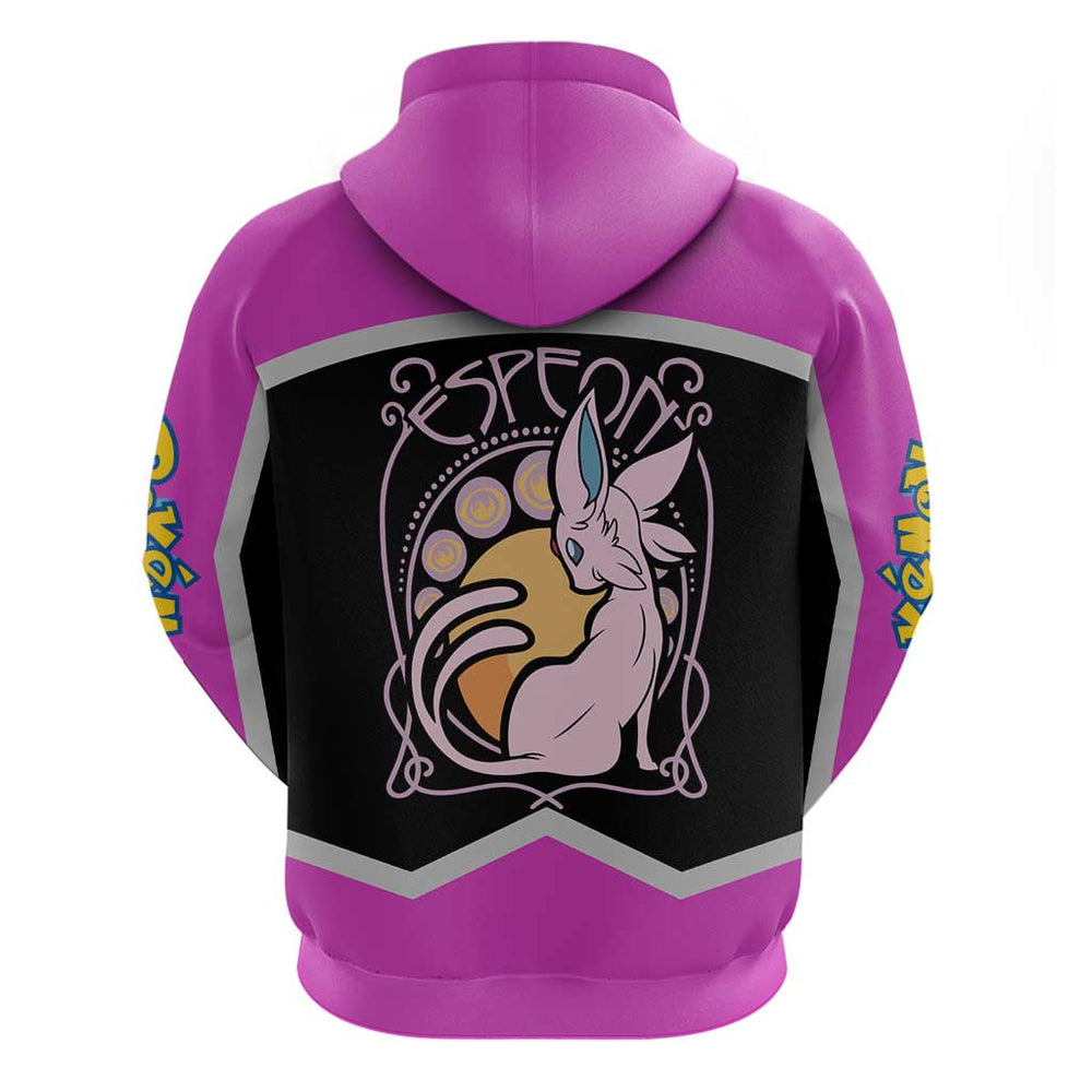 Espeon and Eeveelutions Hoodie with Neon Elemental Designs and Pink Pok mon Theme Espeon and Eeveelutions Hoodie with Neon Elemental Designs and Pink Pok mon Theme