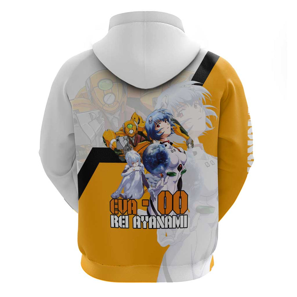 Evangelion EVA-00 and Rei Ayanami Yellow and White Hoodie Design with Mecha and Character Artwork Evangelion EVA-00 and Rei Ayanami Yellow and White Hoodie Design with Mecha and Character Artwork