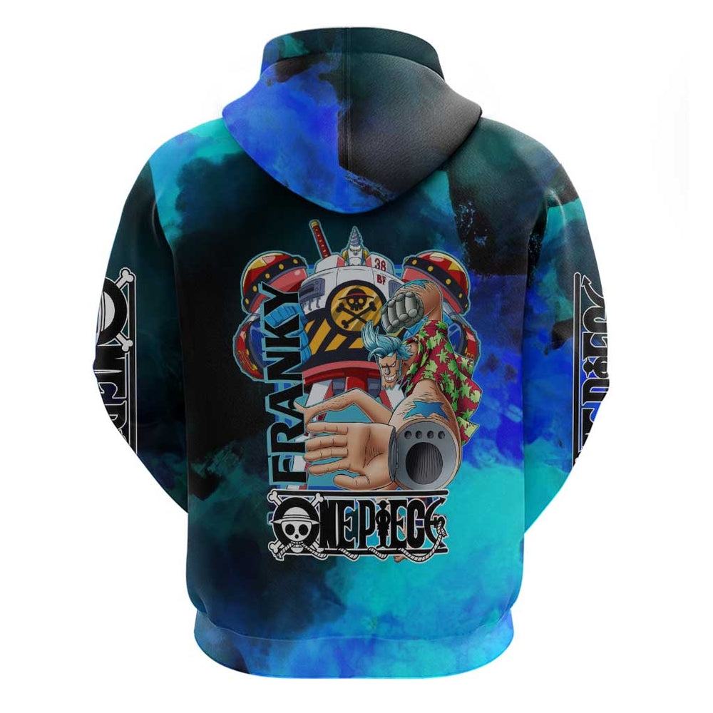 Franky One Piece Blue Theme Hoodie with Cyborg Design and Shipwright Pose Franky One Piece Blue Theme Hoodie with Cyborg Design and Shipwright Pose