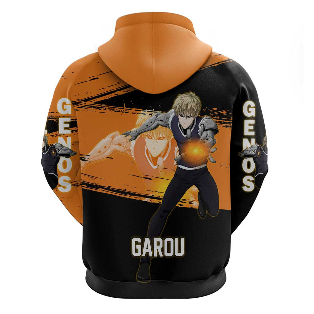 Genos One Punch Man Anime Orange and Black Theme Hoodie with Cyborg Arm Blast and Intense Action Pos Genos One Punch Man Anime Orange and Black Theme Hoodie with Cyborg Arm Blast and Intense Action Pos