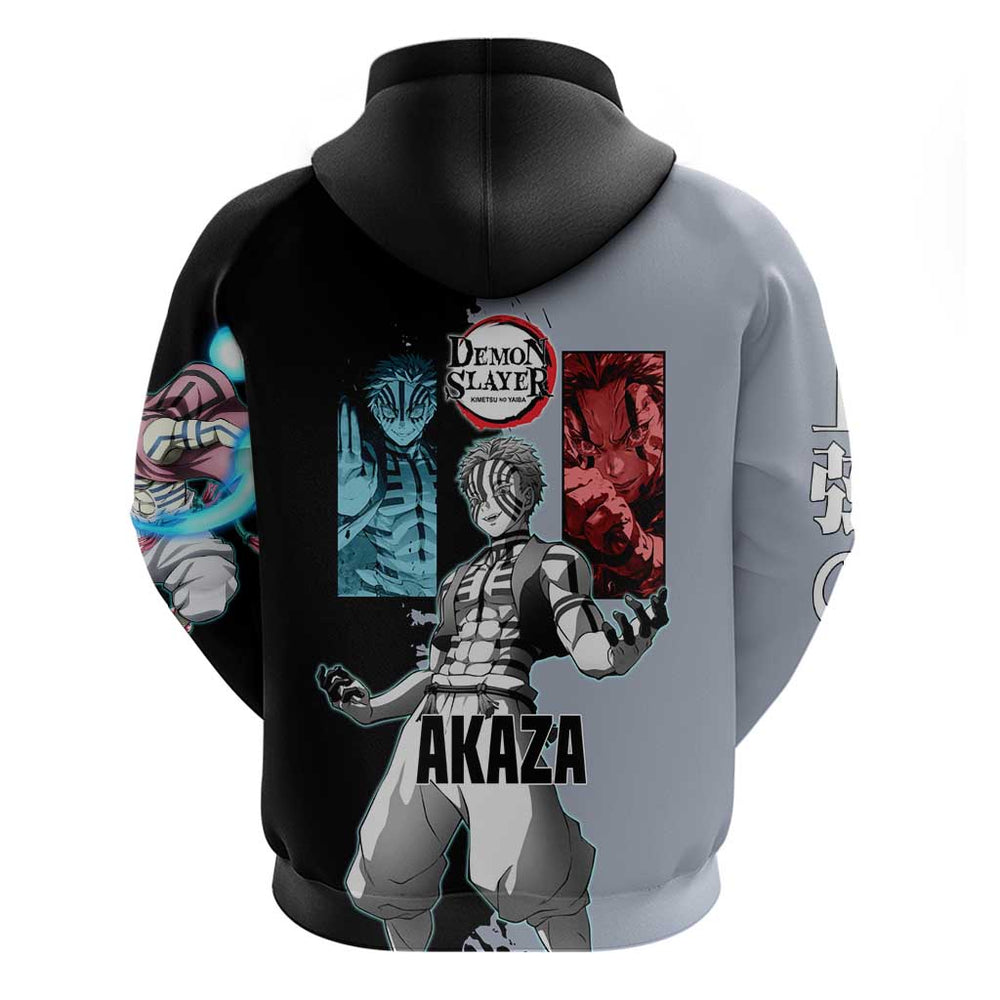 Akaza from Demon Slayer Hoodie with Split Color Background and Martial Arts Pose Manga Style Design Akaza from Demon Slayer Hoodie with Split Color Background and Martial Arts Pose Manga Style Design