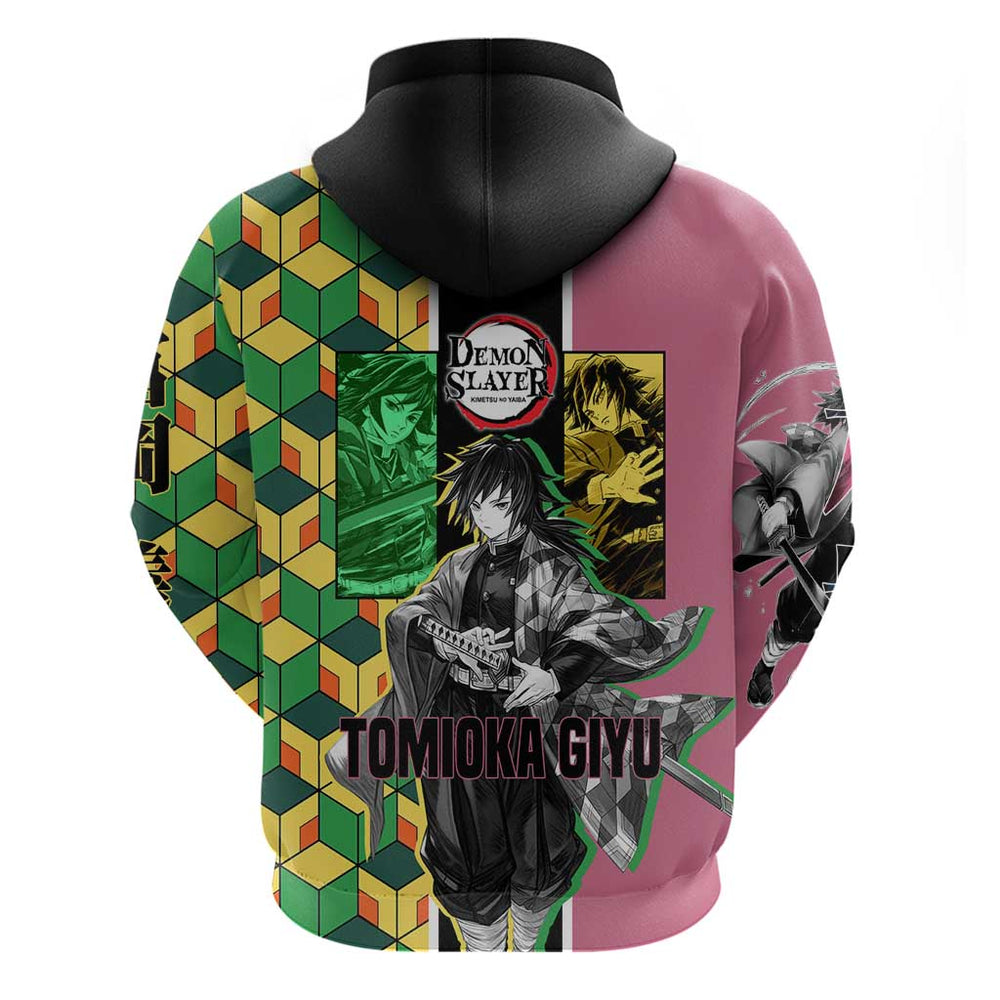 Giyu Tomioka from Demon Slayer Hoodie with Geometric Pattern Sleeve and Pink and Black Manga Panel D Giyu Tomioka from Demon Slayer Hoodie with Geometric Pattern Sleeve and Pink and Black Manga Panel D