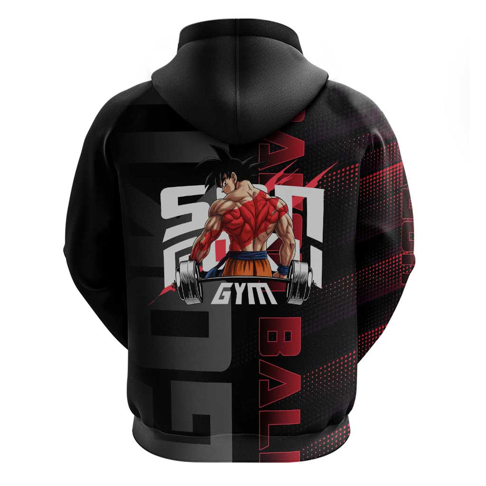 Goku Gym Theme Black and Red Design Hoodie with Dumbbell Lightning Art and Muscle Training Pose Goku Gym Theme Black and Red Design Hoodie with Dumbbell Lightning Art and Muscle Training Pose