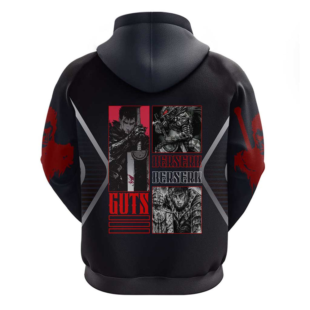 Guts Berserk Hoodie with Black Red Dark Theme and Fierce Warrior Anime Design Guts Berserk Hoodie with Black Red Dark Theme and Fierce Warrior Anime Design