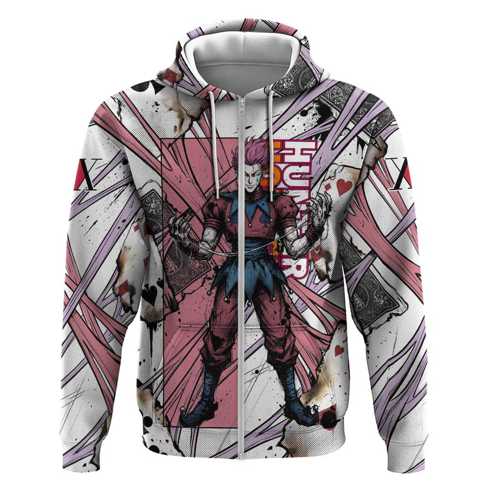 Hisoka Morow Playing Card Theme Hoodie with Magic Aura and Artistic Anime Illustration Hisoka Morow Playing Card Theme Hoodie with Magic Aura and Artistic Anime Illustration