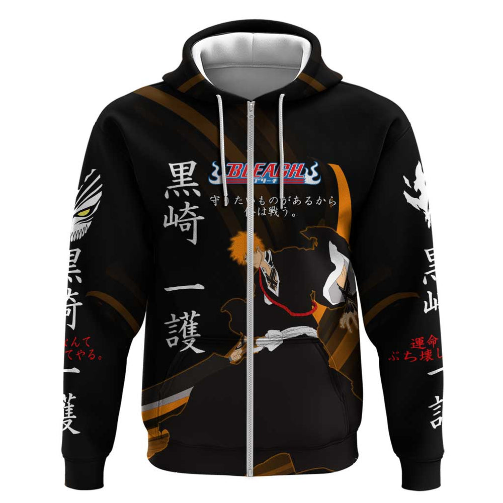 Ichigo Bleach Anime Black and Orange Theme Hoodie with Hollow Mask and Japanese Calligraphy Design Ichigo Bleach Anime Black and Orange Theme Hoodie with Hollow Mask and Japanese Calligraphy Design
