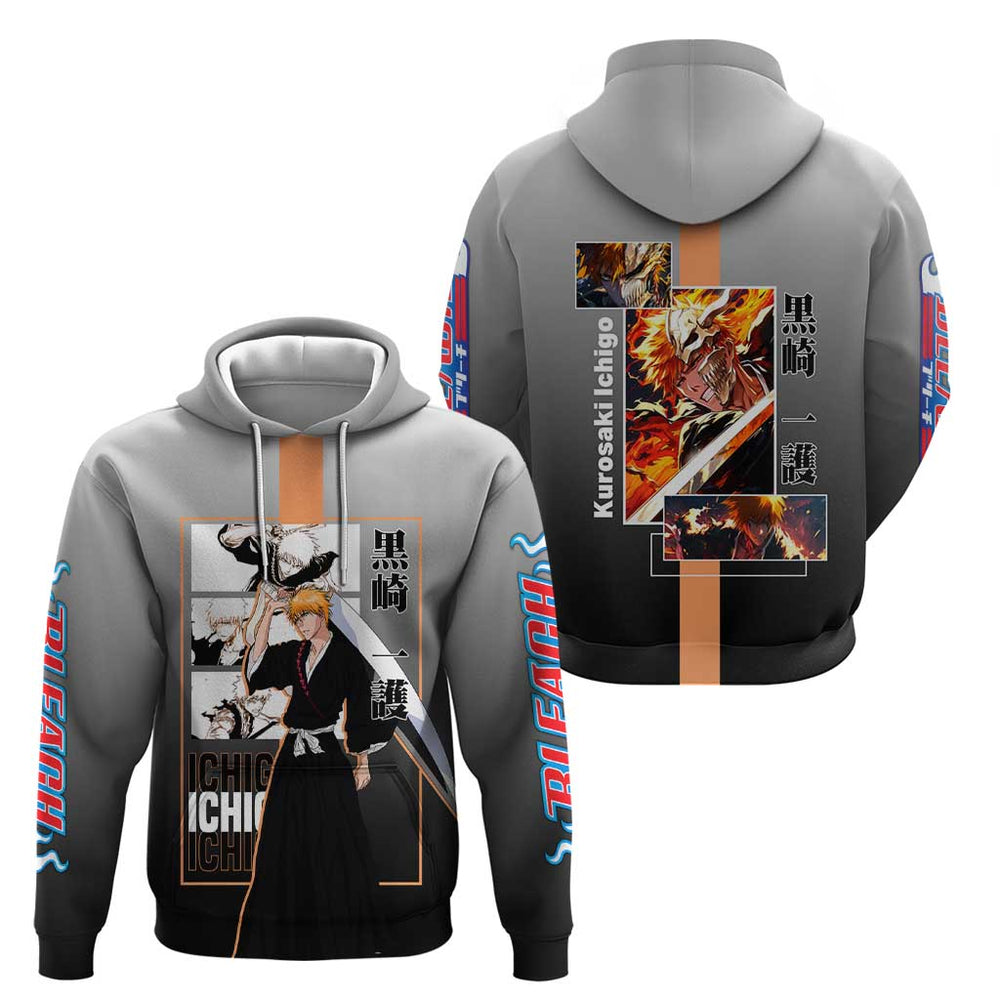 Ichigo Kurosaki Bleach Hoodie with Bankai Sword and Intense Battle Pose Design Ichigo Kurosaki Bleach Hoodie with Bankai Sword and Intense Battle Pose Design