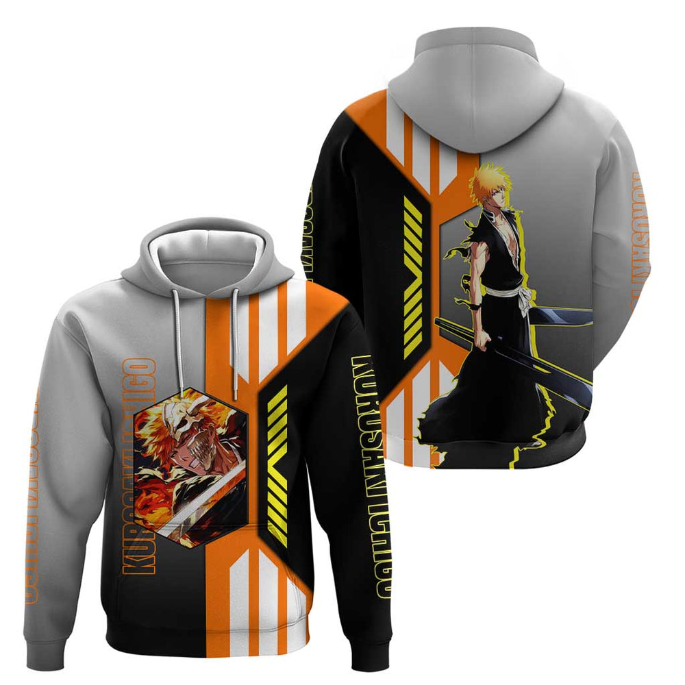 Ichigo Kurosaki from Bleach Hoodie with Sword and Battle Ready Pose Design Ichigo Kurosaki from Bleach Hoodie with Sword and Battle Ready Pose Design