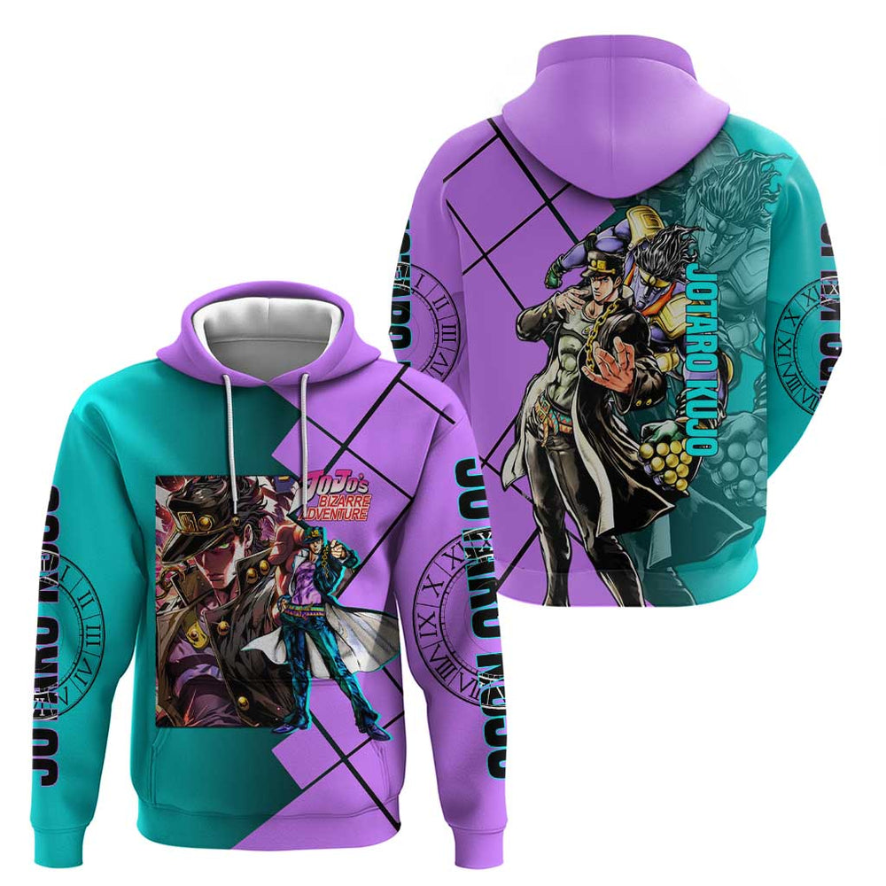 Jotaro Kujo JoJo's Bizarre Adventure Hoodie with Star Platinum Pose and Bold Action Design Jotaro Kujo JoJo's Bizarre Adventure Hoodie with Star Platinum Pose and Bold Action Design