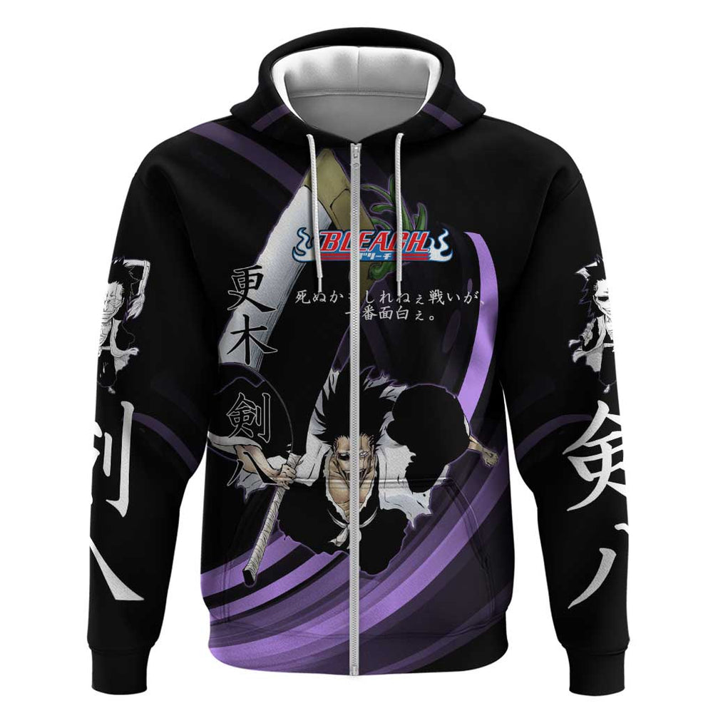 Kenpachi Zaraki Bleach Anime Black and Purple Theme Hoodie with Battle Stance and Japanese Quote Des Kenpachi Zaraki Bleach Anime Black and Purple Theme Hoodie with Battle Stance and Japanese Quote Des