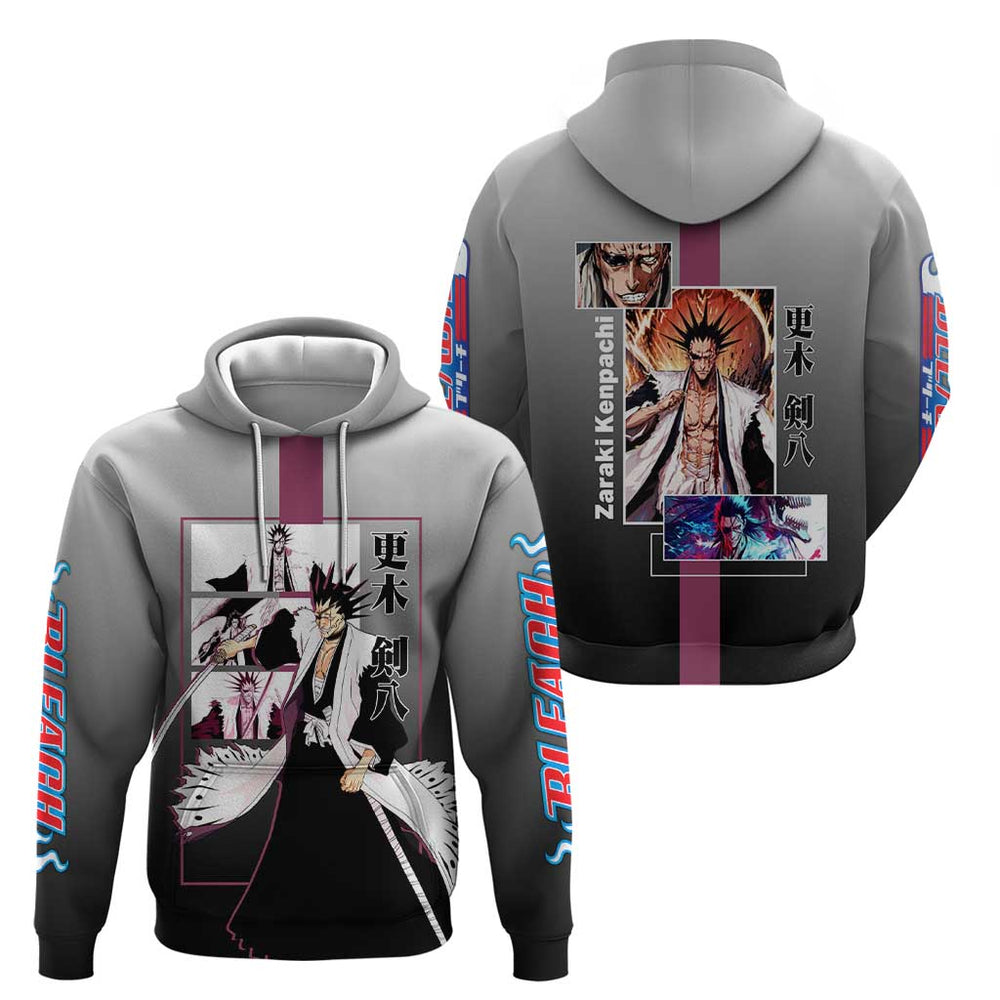 Kenpachi Zaraki Bleach Hoodie with Zanpakuto and Fierce Battle Pose Design Kenpachi Zaraki Bleach Hoodie with Zanpakuto and Fierce Battle Pose Design