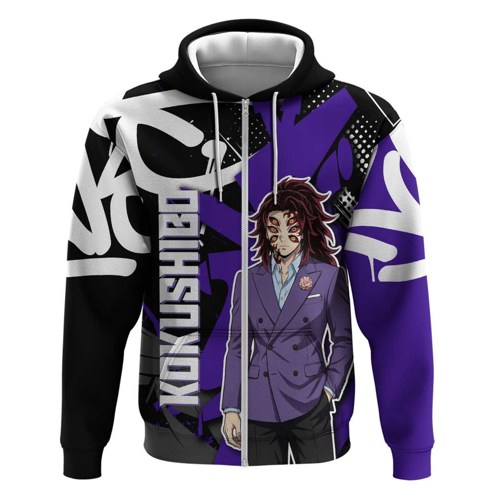 Kokushibo Demon Slayer Hoodie Purple Black Graffiti Anime Kokushibo Demon Slayer Hoodie Purple Black Graffiti Anime