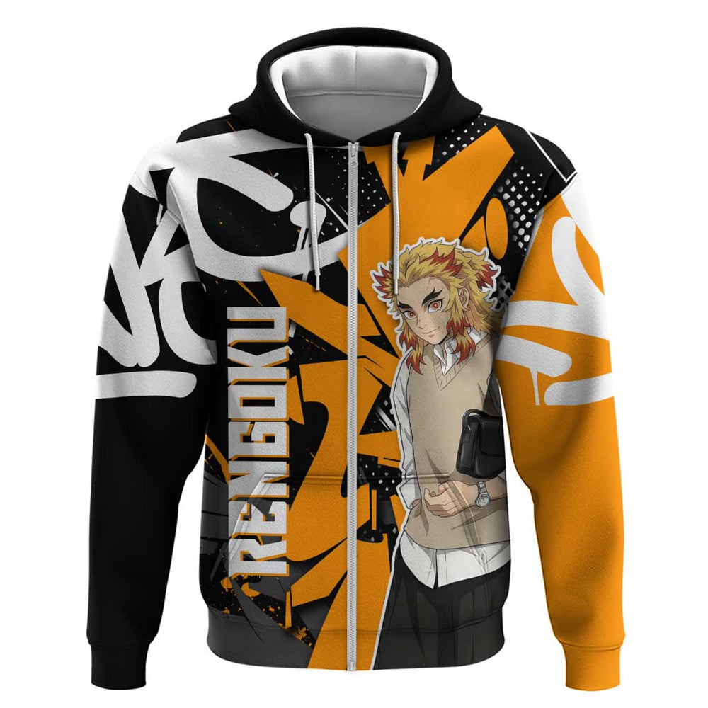 Kyojuro Rengoku Demon Slayer Hoodie Orange Black Graffiti Anime Kyojuro Rengoku Demon Slayer Hoodie Orange Black Graffiti Anime