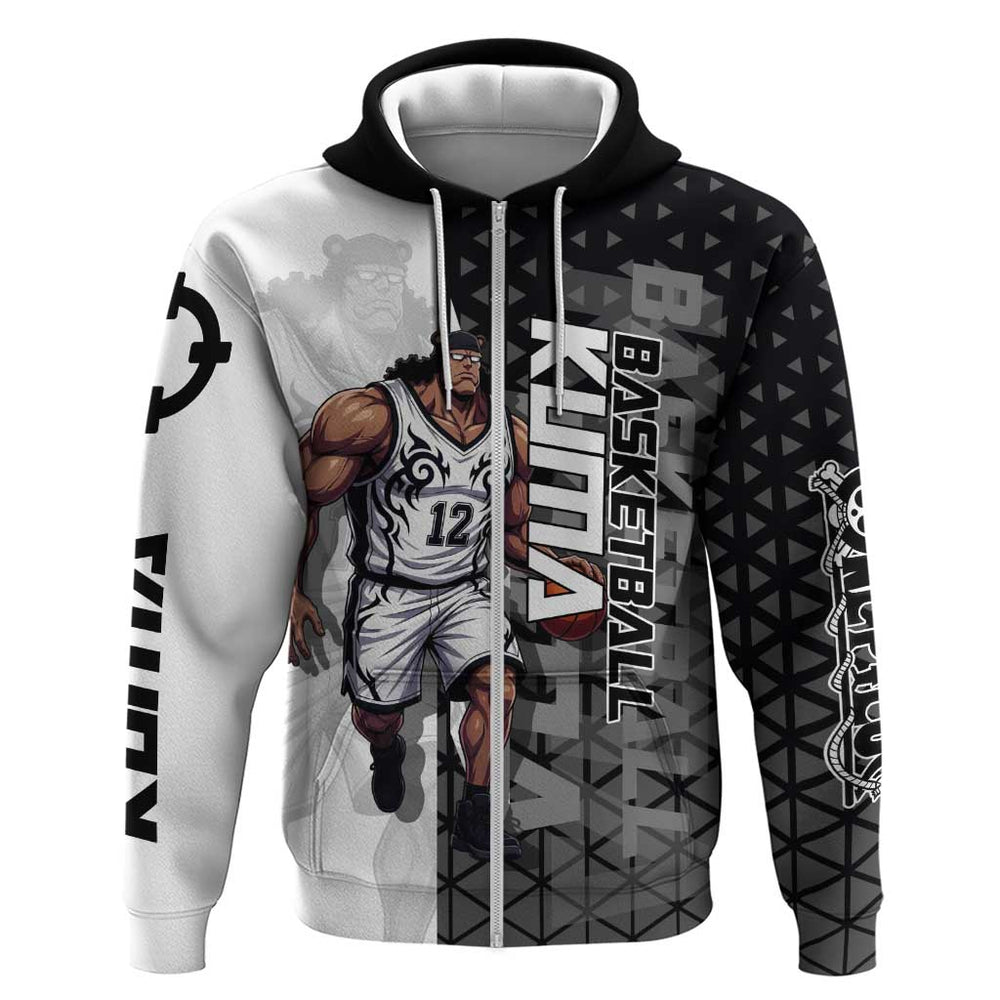 Bartholomew Kuma One Piece Basketball Crossover Design Hoodie with Monochrome Geometric Background a Bartholomew Kuma One Piece Basketball Crossover Design Hoodie with Monochrome Geometric Background a