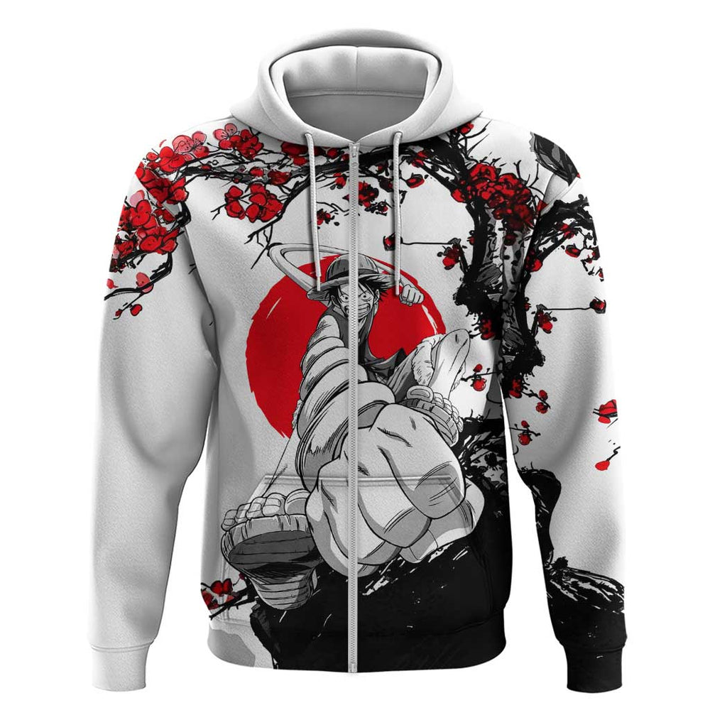Luffy Gear 3 One Piece Anime White and Red Japanese Art Style Hoodie with Cherry Blossom Tree and St Luffy Gear 3 One Piece Anime White and Red Japanese Art Style Hoodie with Cherry Blossom Tree and St