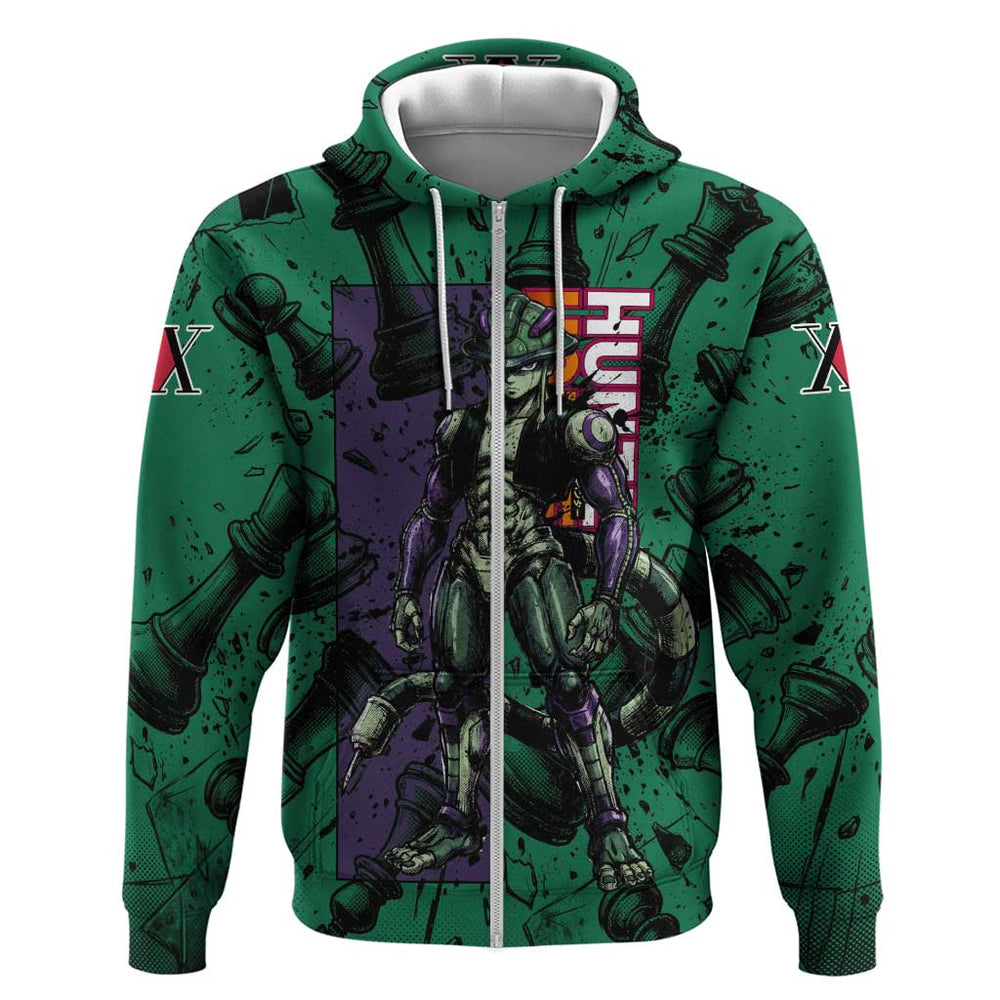 Meruem Chess Theme Hoodie with Dark Aura and Strategic Anime Artwork Design Meruem Chess Theme Hoodie with Dark Aura and Strategic Anime Artwork Design