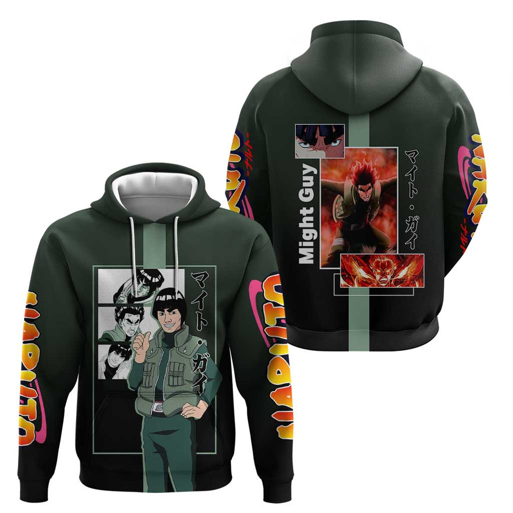 Might Guy Naruto Hoodie with Green Jumpsuit and Energetic Taijutsu Pose Design Might Guy Naruto Hoodie with Green Jumpsuit and Energetic Taijutsu Pose Design