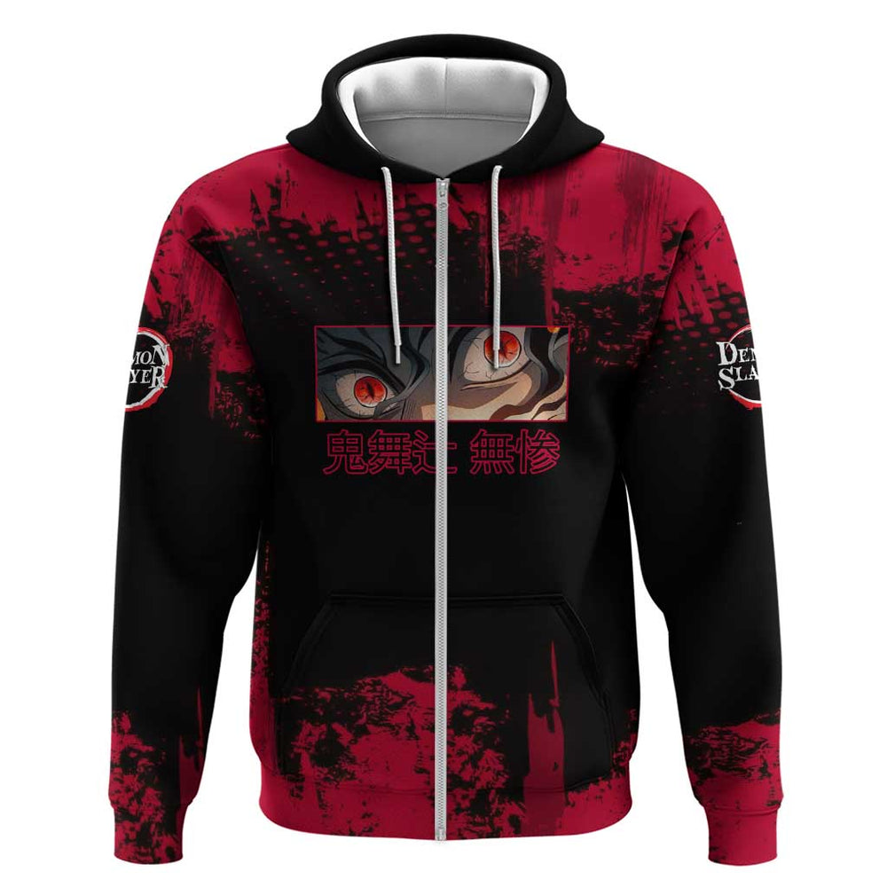 Muzan Kibutsuji Demon Slayer Red Grunge Design Hoodie with Intense Eyes and Hat Outfit Pose Muzan Kibutsuji Demon Slayer Red Grunge Design Hoodie with Intense Eyes and Hat Outfit Pose