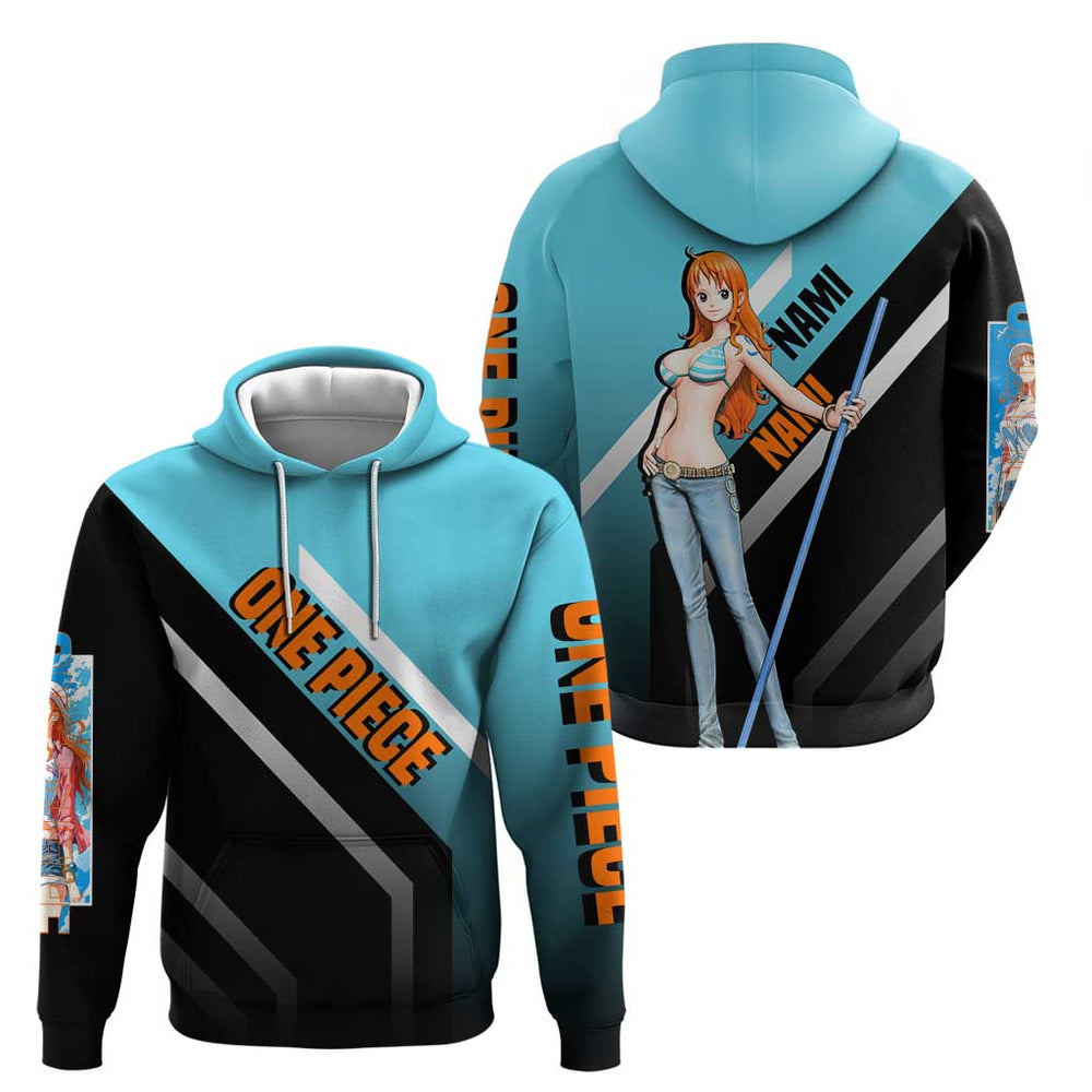 Nami One Piece Hoodie with Weather Staff and Confident Adventure Pose Design Nami One Piece Hoodie with Weather Staff and Confident Adventure Pose Design