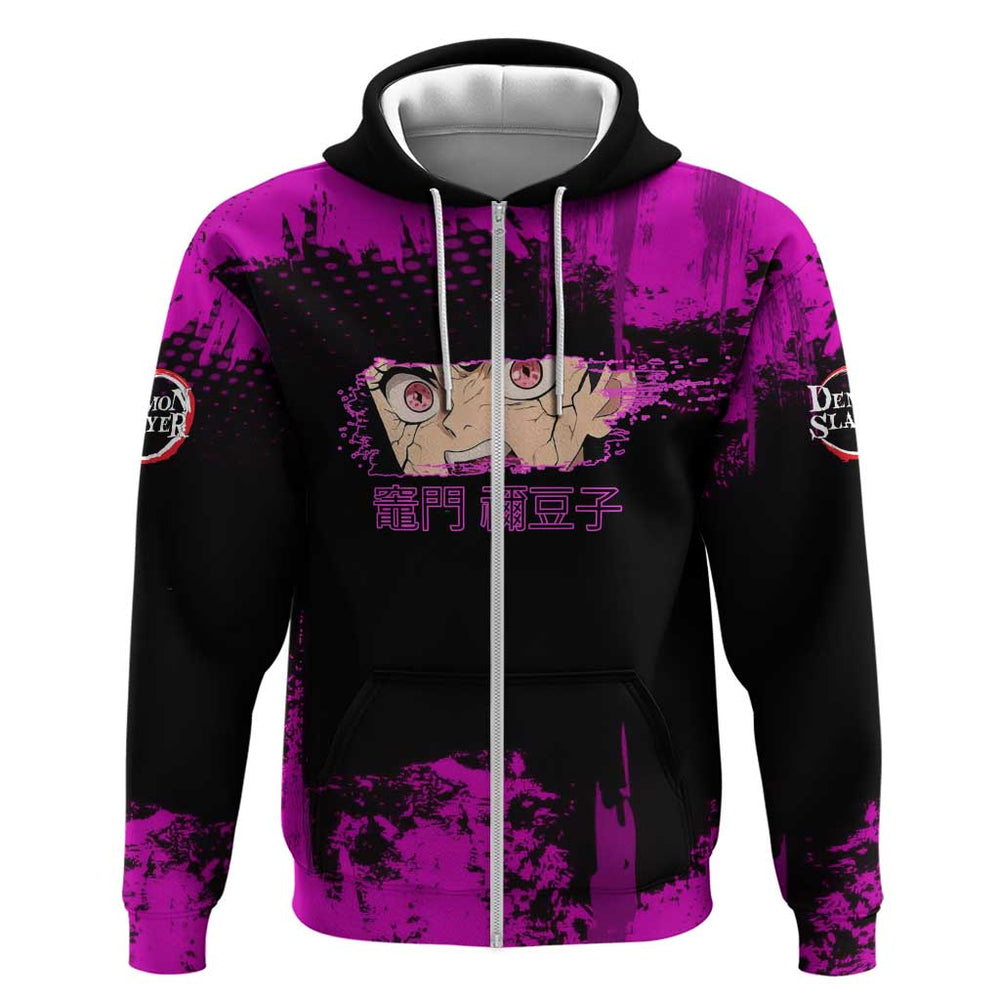 Nezuko Kamado Demon Slayer Pink Grunge Design Hoodie with Fierce Eyes and Cute Sitting Pose Nezuko Kamado Demon Slayer Pink Grunge Design Hoodie with Fierce Eyes and Cute Sitting Pose
