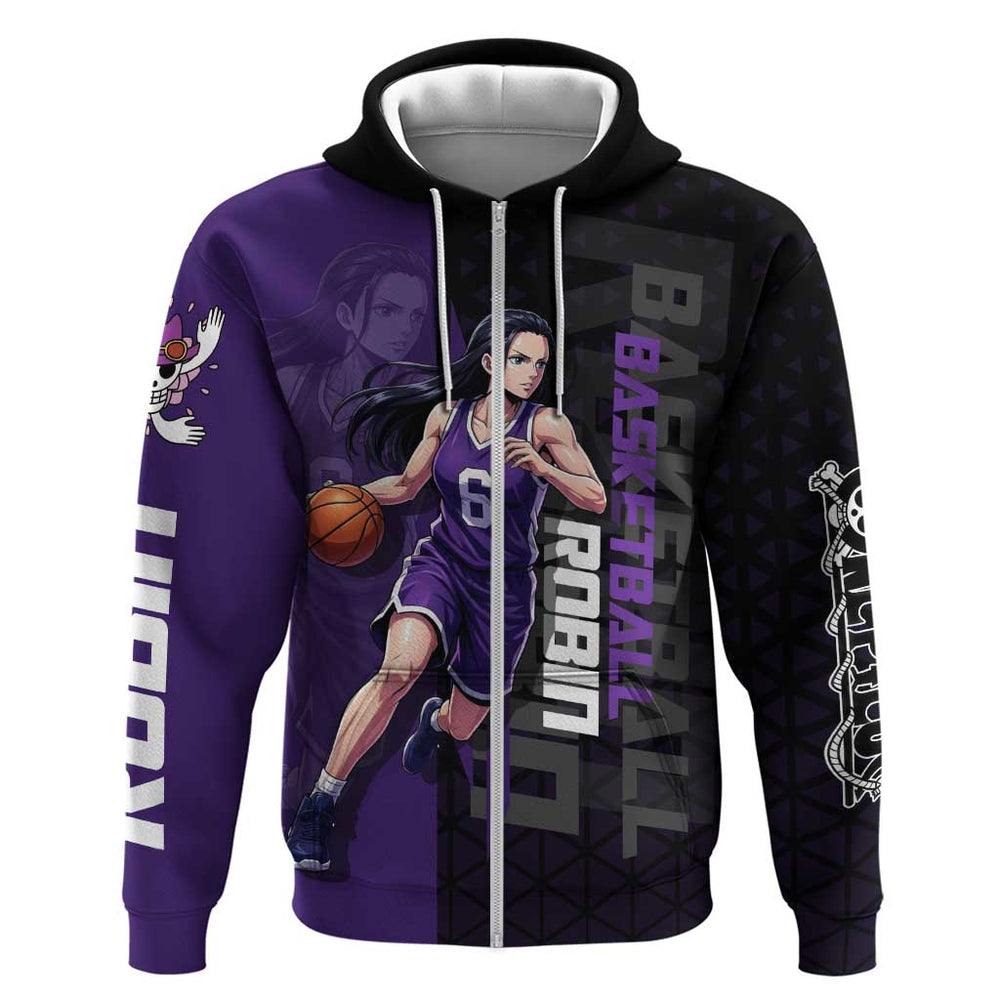 Nico Robin One Piece Basketball Theme Purple and Black Design Hoodie with Action Pose and Crew Emble Nico Robin One Piece Basketball Theme Purple and Black Design Hoodie with Action Pose and Crew Emble