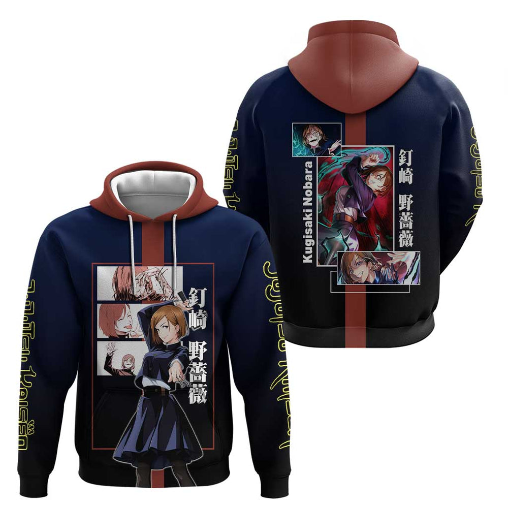 Nobara Kugisaki from Jujutsu Kaisen Hoodie with Dark Blue and Red Background and Multiple Poses Desi Nobara Kugisaki from Jujutsu Kaisen Hoodie with Dark Blue and Red Background and Multiple Poses Desi