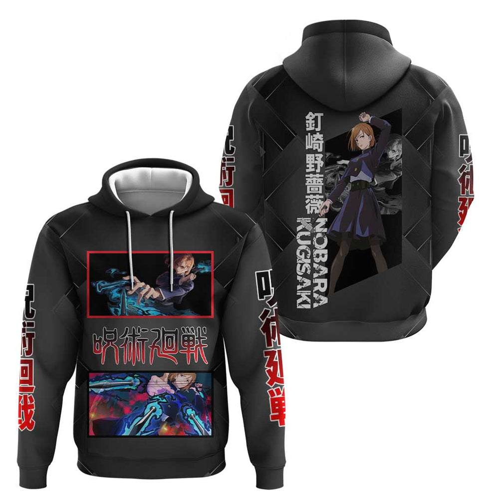 Nobara Kugisaki Jujutsu Kaisen Hoodie with Black Red Design and Cursed Energy Battle Pose Graphic Nobara Kugisaki Jujutsu Kaisen Hoodie with Black Red Design and Cursed Energy Battle Pose Graphic