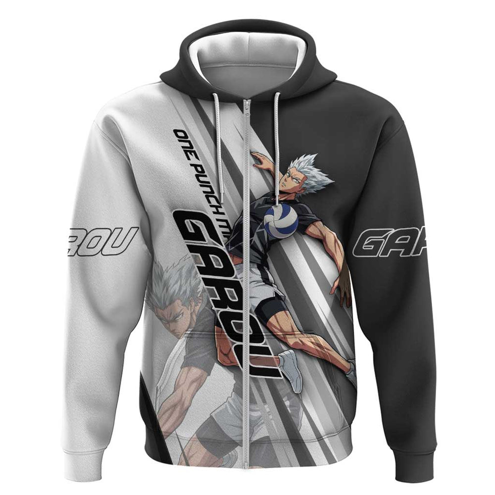 Personalized Garou Volleyball Action Design Hoodie with Monochrome Stripes and Dynamic Pose Personalized Garou Volleyball Action Design Hoodie with Monochrome Stripes and Dynamic Pose