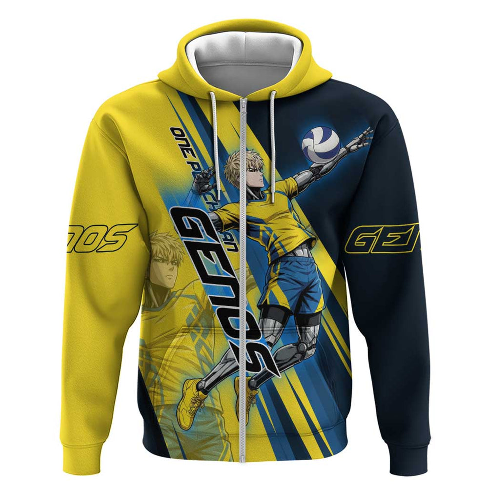 Personalized Genos Volleyball Design Hoodie with Yellow and Blue Athletic Theme and Dynamic Spike Po Personalized Genos Volleyball Design Hoodie with Yellow and Blue Athletic Theme and Dynamic Spike Po