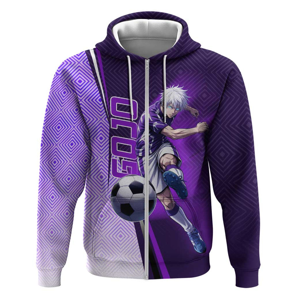 Personalized Gojo Satoru Jujutsu Kaisen Soccer Theme Hoodie with Kicking Pose and Purple Gradient Ge Personalized Gojo Satoru Jujutsu Kaisen Soccer Theme Hoodie with Kicking Pose and Purple Gradient Ge
