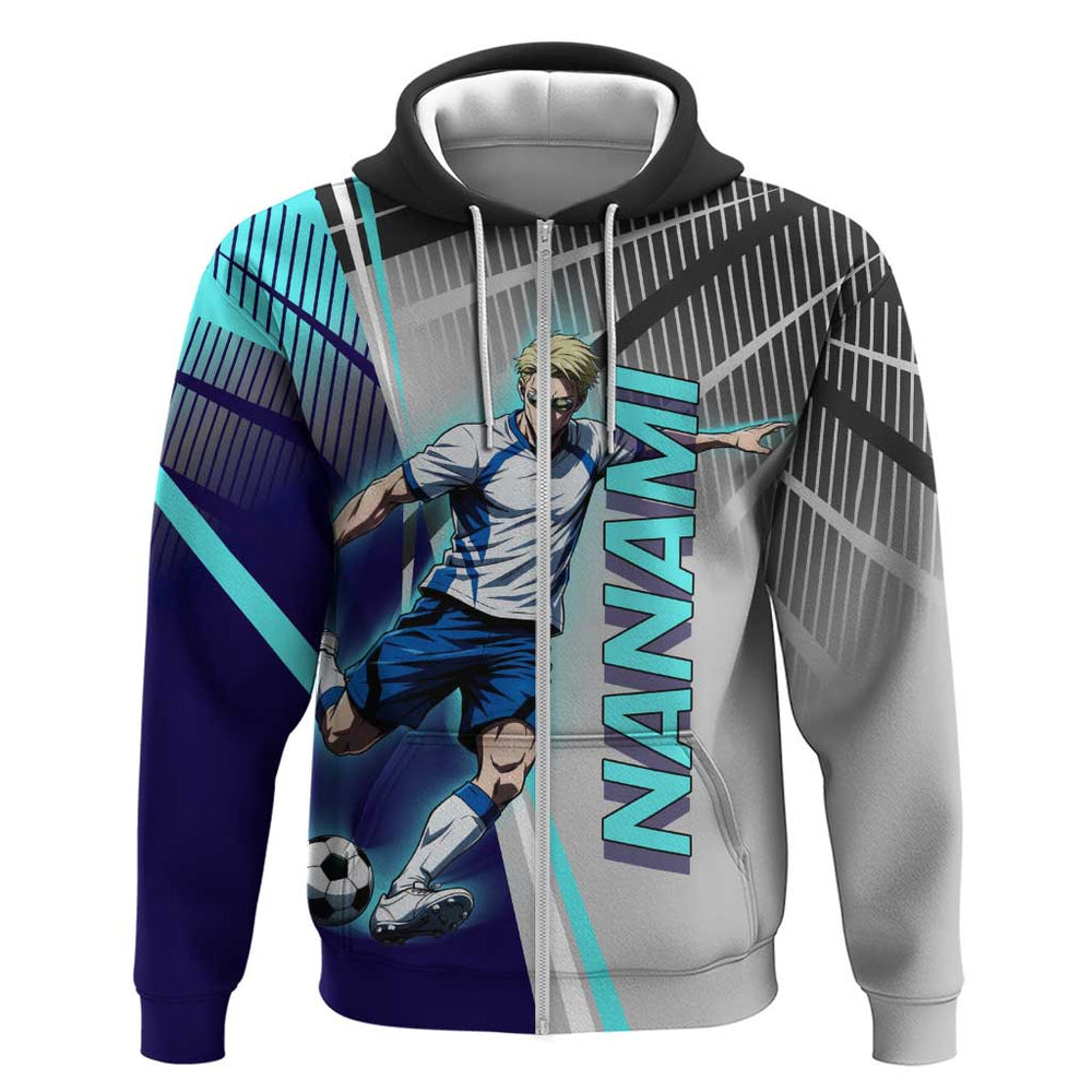 Personalized Nanami Kento Jujutsu Kaisen Hoodie with Teal Highlights and Dynamic Kick Pose Personalized Nanami Kento Jujutsu Kaisen Hoodie with Teal Highlights and Dynamic Kick Pose