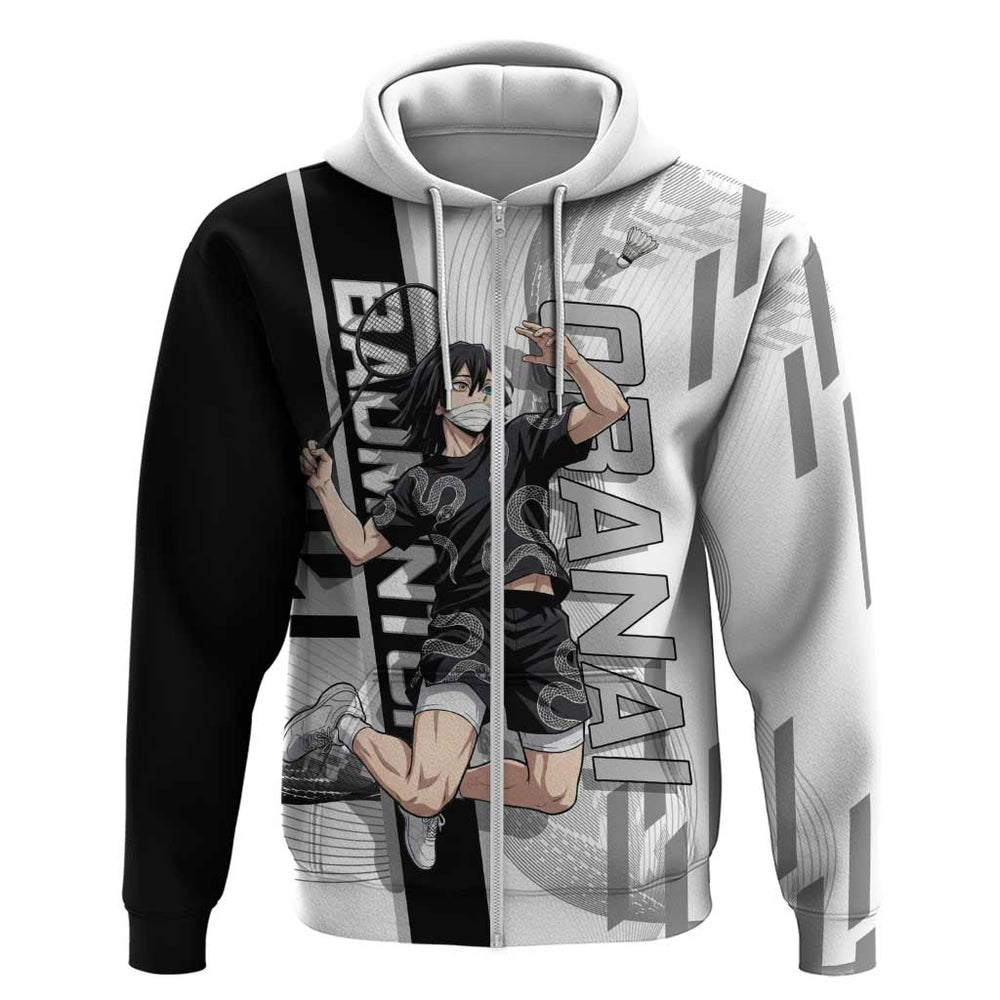 Personalized Obanai Iguro Demon Slayer Badminton Hoodie with Racket Action Pose and Black White Grap Personalized Obanai Iguro Demon Slayer Badminton Hoodie with Racket Action Pose and Black White Grap