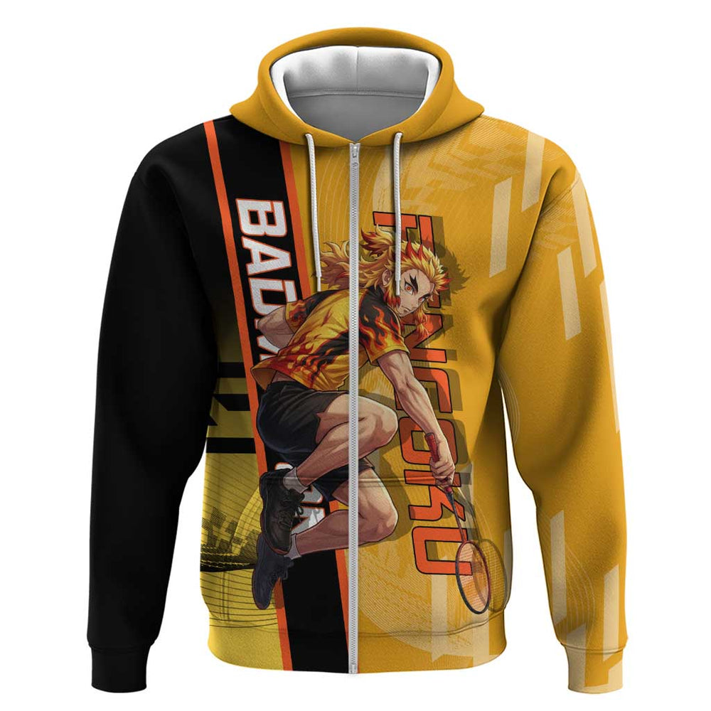 Personalized Rengoku Anime Badminton Theme Hoodie with Racket Action Pose and Fiery Yellow Black Gra Personalized Rengoku Anime Badminton Theme Hoodie with Racket Action Pose and Fiery Yellow Black Gra