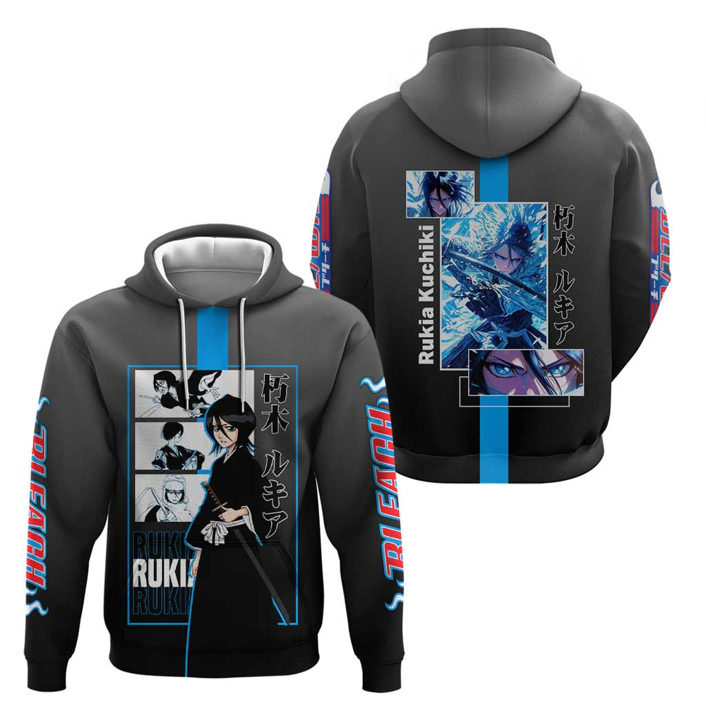 Rukia Kuchiki Bleach Hoodie with Zanpakuto and Elegant Combat Pose Design Rukia Kuchiki Bleach Hoodie with Zanpakuto and Elegant Combat Pose Design