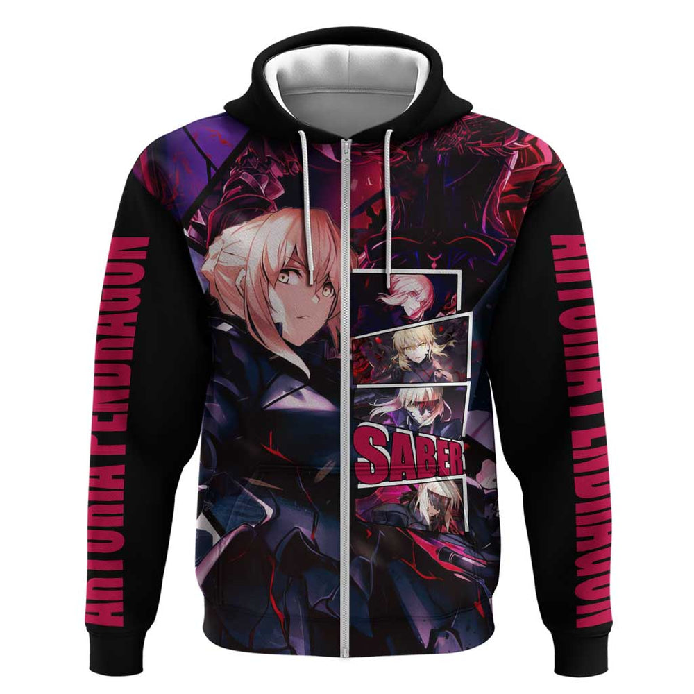 Saber Artoria Pendragon Dark Armor Theme Hoodie with Red and Purple Abstract Background Design Saber Artoria Pendragon Dark Armor Theme Hoodie with Red and Purple Abstract Background Design