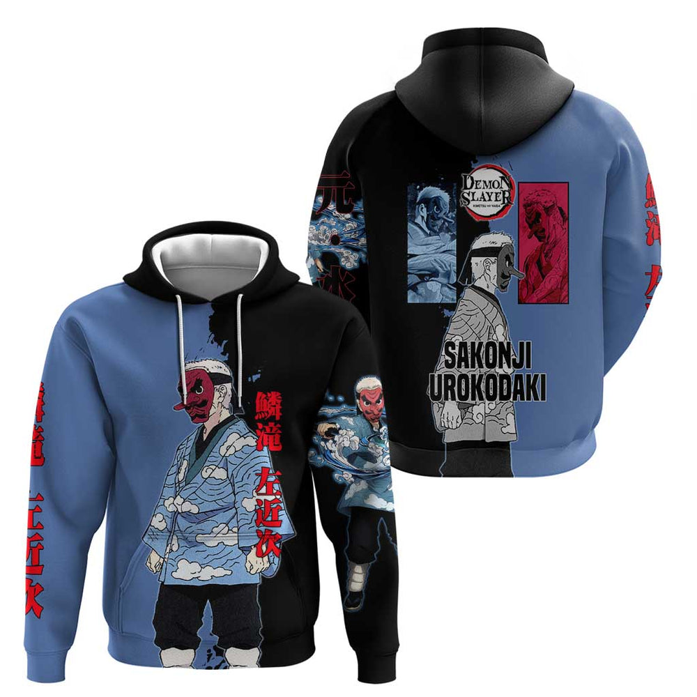 Sakonji Urokodaki from Demon Slayer Hoodie with Blue and Black Split Background and Cloud Kimono Wat Sakonji Urokodaki from Demon Slayer Hoodie with Blue and Black Split Background and Cloud Kimono Wat